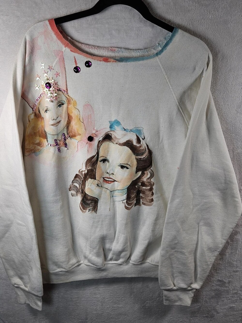 Vintage Hand-Painted Sweatshirt Wizzard Of Oz White Rhinestone Star Womens 1X